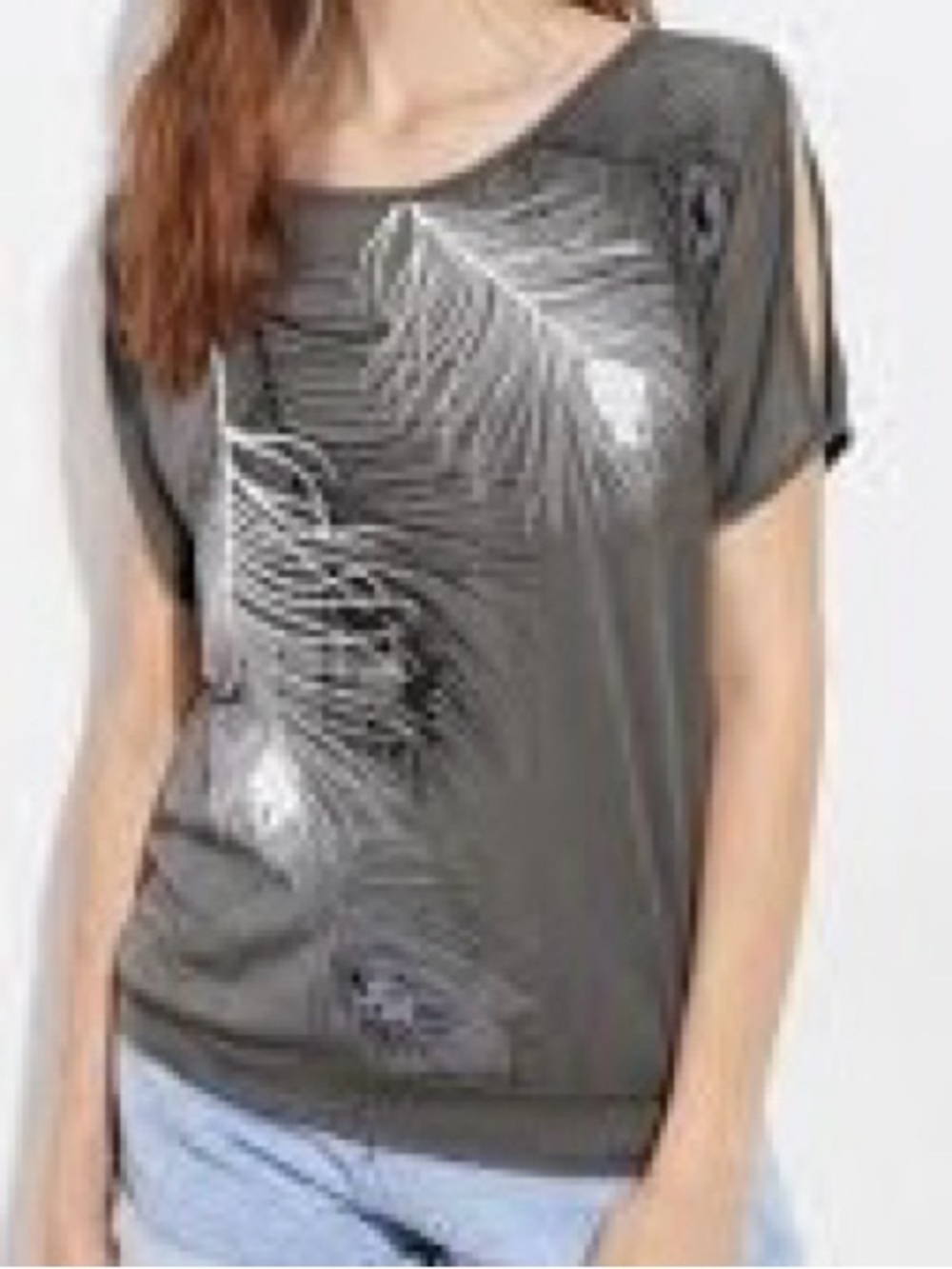 Lascana Venus Relaxed Gray Feather-Print Dolman Cutout Tee